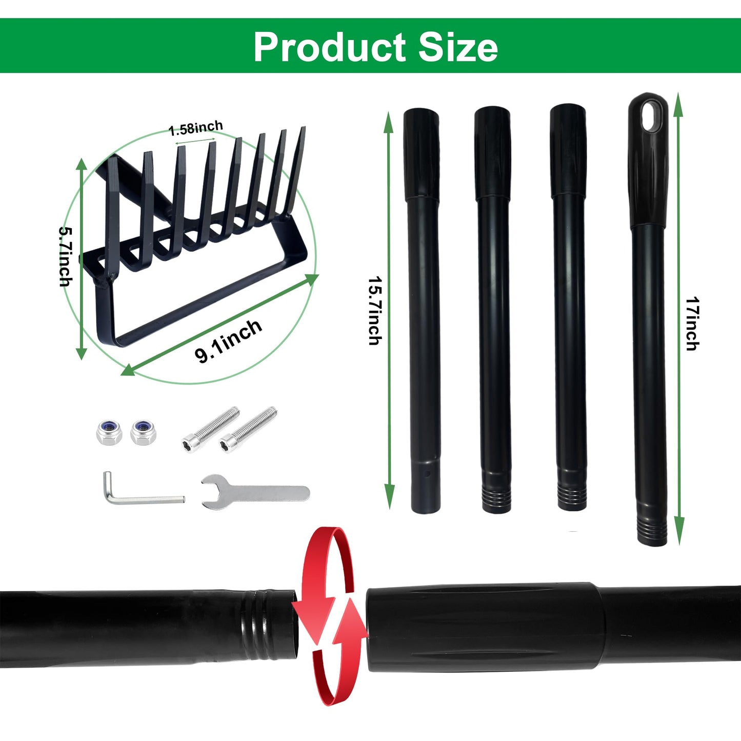 8-Tines Rake and Stirrup Hoe, Metal Garden Tiller Rake with Adjustable Long Handle, Action Scuffle Loop Hoe for Weeding, Digging, Loosening Soil