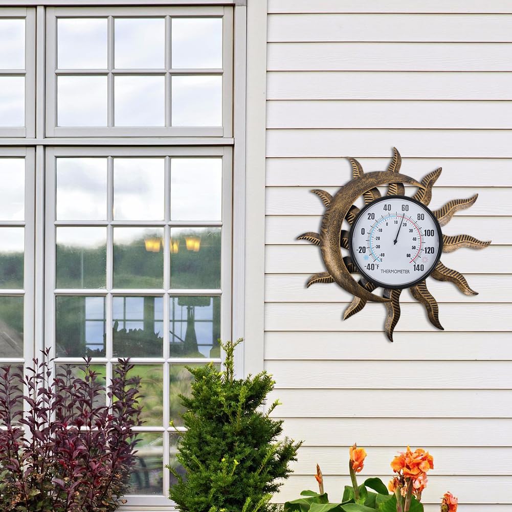 Vewogift 14" Sun-Moon Outdoor Thermometer, Metal Wall Thermometer No Need Battery, Decorative Indoor Thermometer for Patio, Garden, Living Room