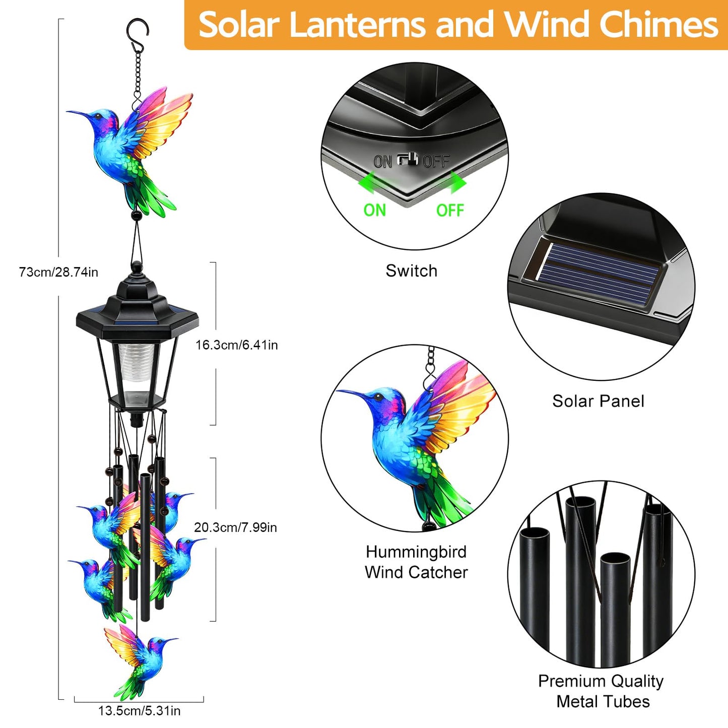 Large Solar Hummingbird Wind Chimes, Gifts for Women Mom Grandma Wife Sister Daughter Neighbor, Black Metal Wind Chimes with Wind Catcher, Solar Decor Lights for Outdoor Garden Patio Porch Window
