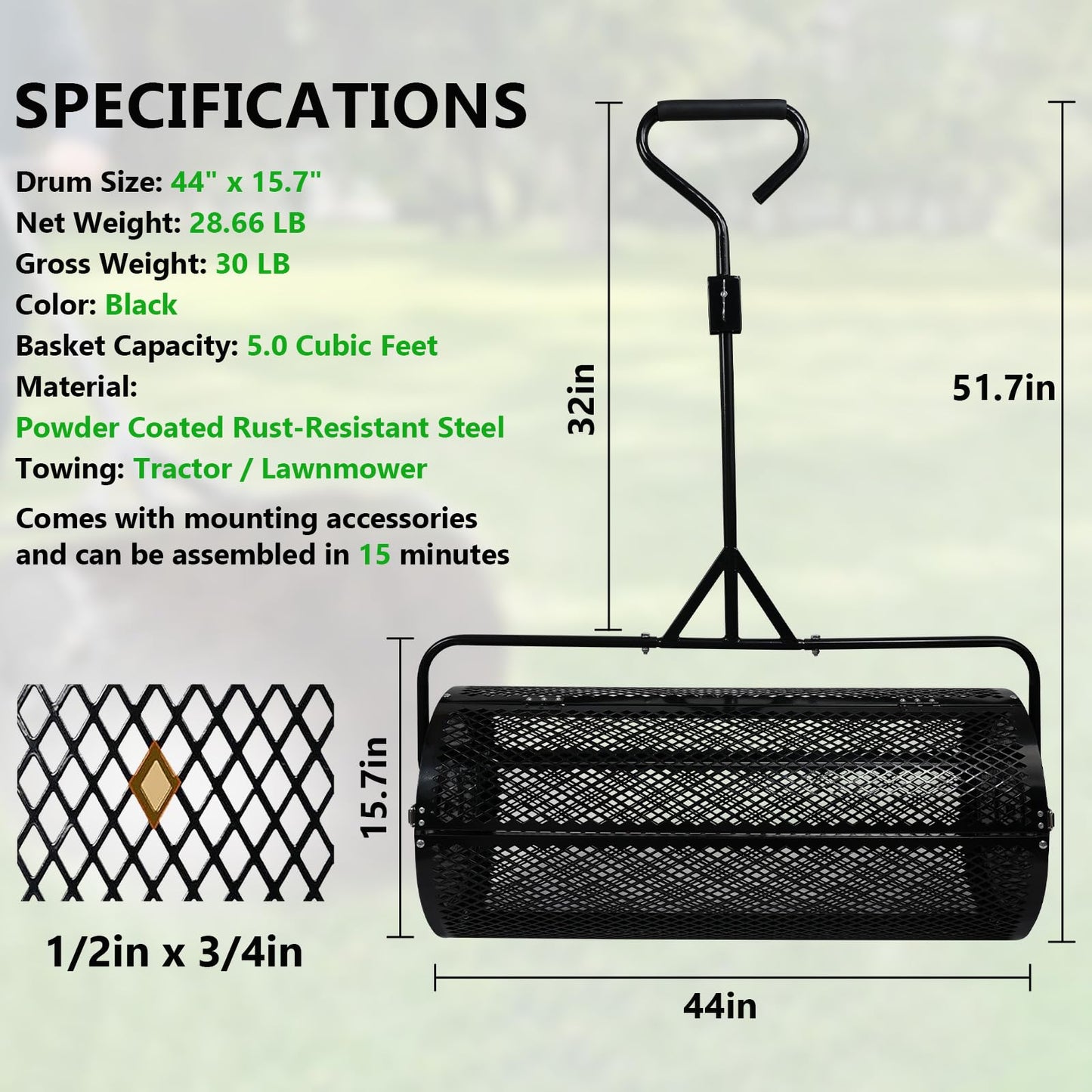 Compost Spreader 44 Inch Push/Tow Peat Moss Spreader with Installation Support, Powder-Coated Metal Mesh Roller Spreader for Manure , Lawn Care, Garden Spreading, Top Dressing & Mulch - Soil Spreader