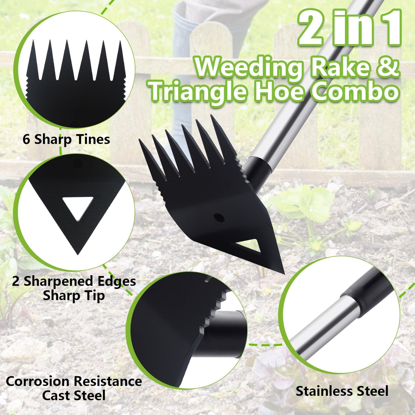Weed Puller Tool with Long Handle, Hoe Garden Tool Weeding Rake Combo for Uprooting, Garden Hoe, Weed Remover Manual Hand Weeder for Yard Flower Bed