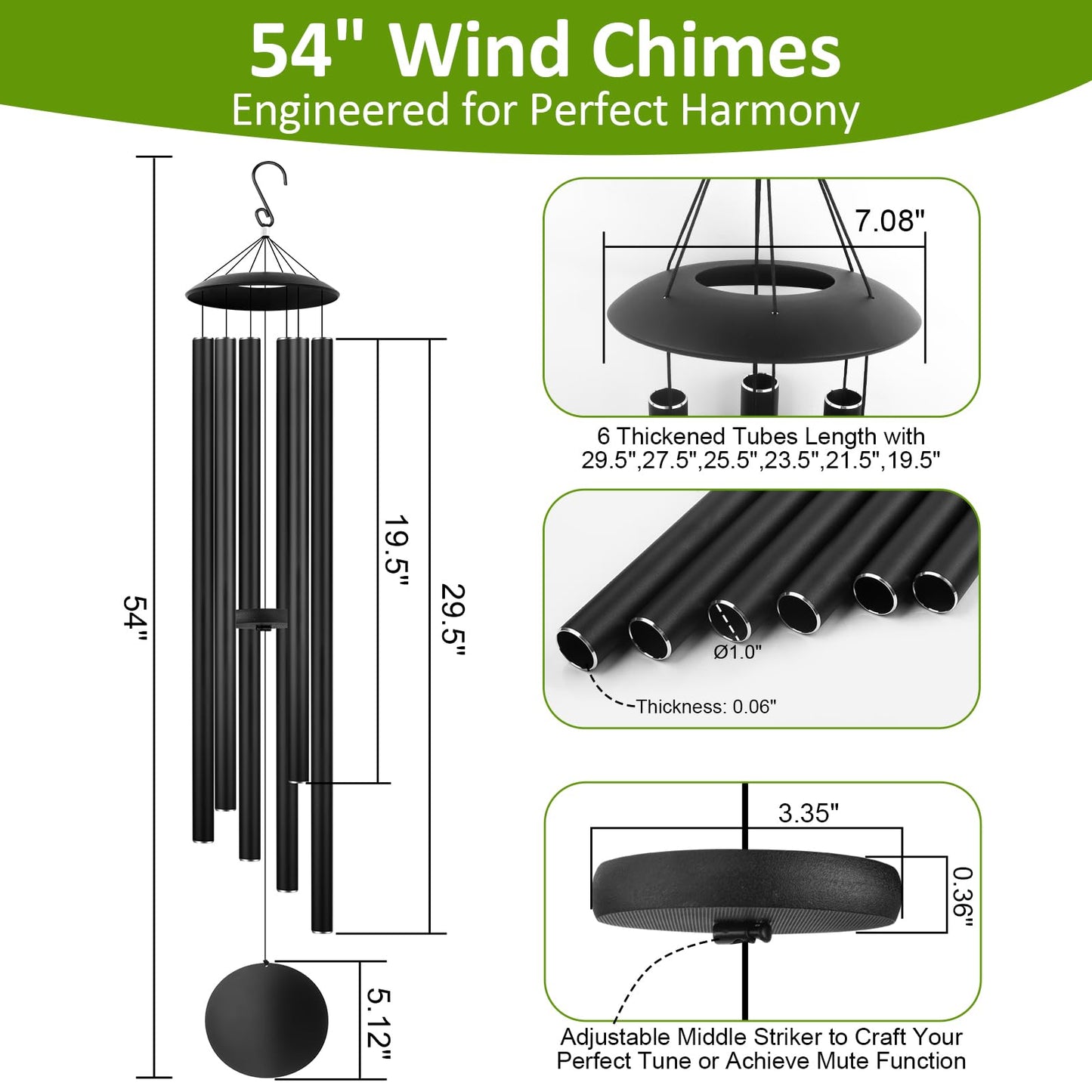 54" Large Wind Chimes for Outside Deep Tone - Gift Box Packaged, Soothing Windchimes Outdoors with 6 Thickened Aluminum Tubes for Garden Decor, Gifts for Mother's Day, Friends and Loved Ones (Black)