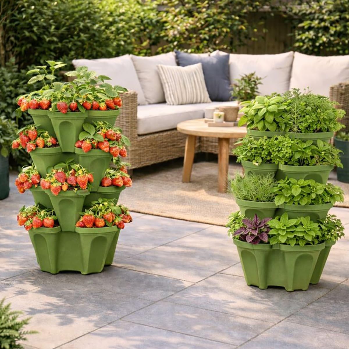 Large Vertical Planter Tower, 4 Tier Stackable Garden Planter, 16 Plant Sites, Heavy Duty Strawberry Planter, Vertical Growing System with Center Hole, Made in USA (4, Sagebrush Green, Large)