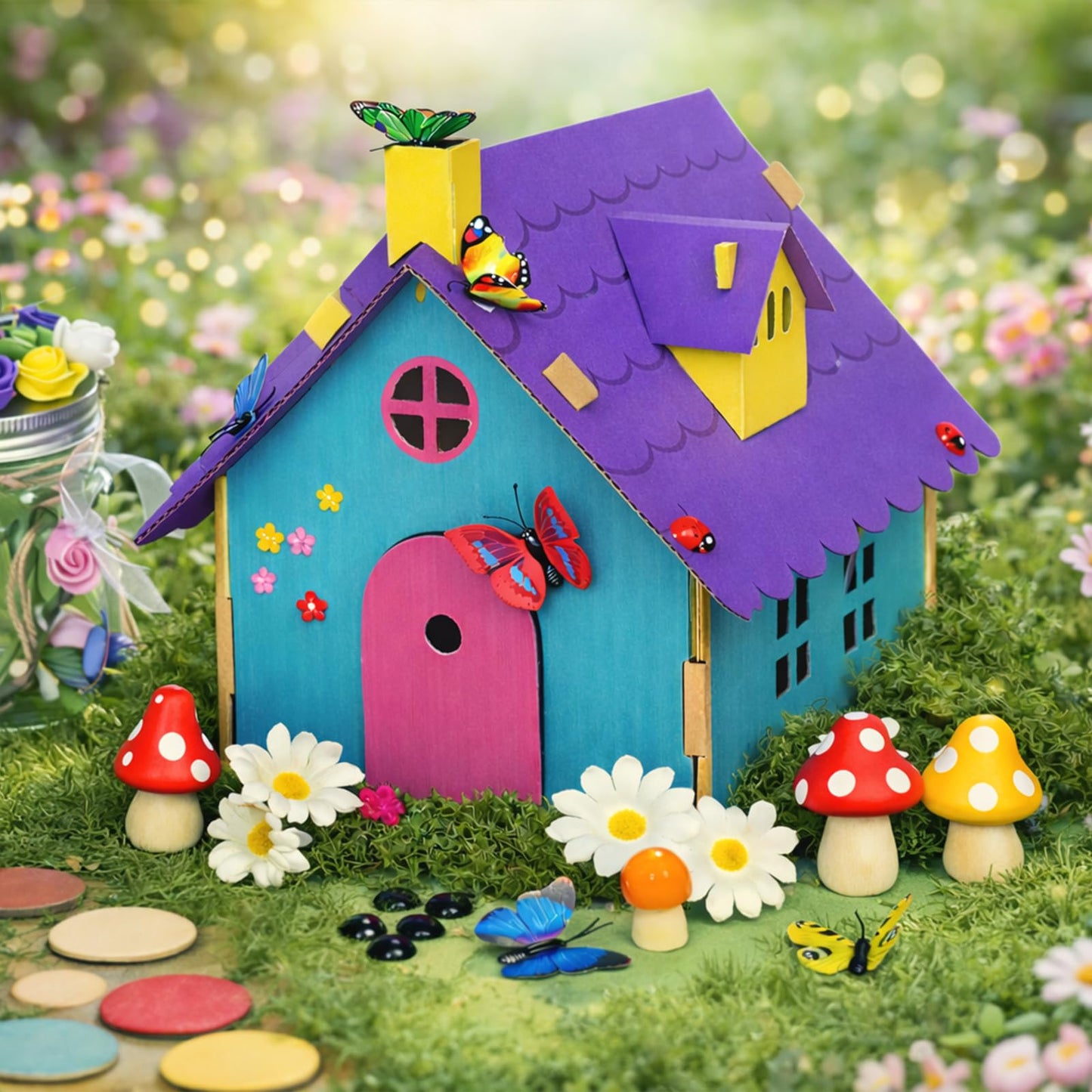 Cinrobiye 6 Pcs Fairy House Craft Kit DIY Miniature Fairy Garden with Coloring Pens Butterfly Flowers Accessories Creative Fairy Dollhouse for Arts & Crafts, Spring Party, Birthday, Easter DIY Gifts