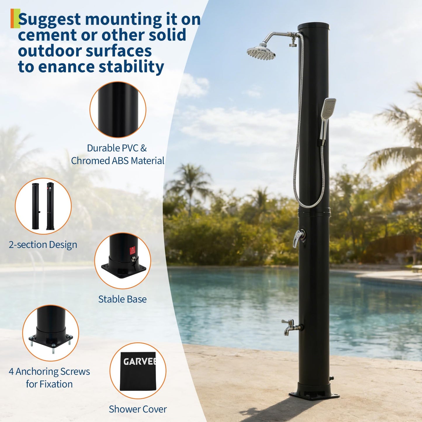 10 Gallon Solar Heated Shower | 2-Section Freestanding Outdoor Shower with Shower Head & Foot Shower Tap | Hot & Cold Water Adjustment | Poolside Beach Garden Spa Shower with Cover
