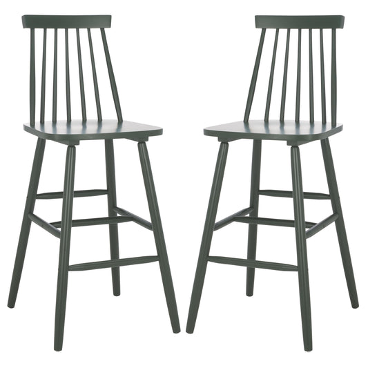 SAFAVIEH Home Collection - Beaufort Garden Green Solid Wood Bar Stool Set of 2, 30-Inch Seat Height, Farmhouse Windsor Spindle Back Design (BST8500G-SET2)