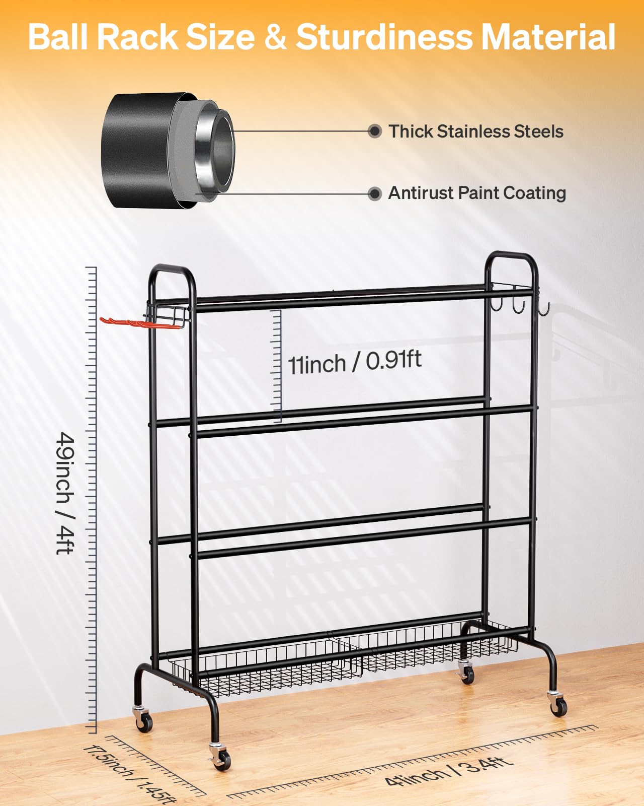 EXTCCT Basketball Rack, Outdoor Rolling Basketball Shooting Training Stand,Sports Equipment Storage with Wheels, Garage Four-Layer Ball Holder with Two Basket for Basketballs Footballs Volleyball
