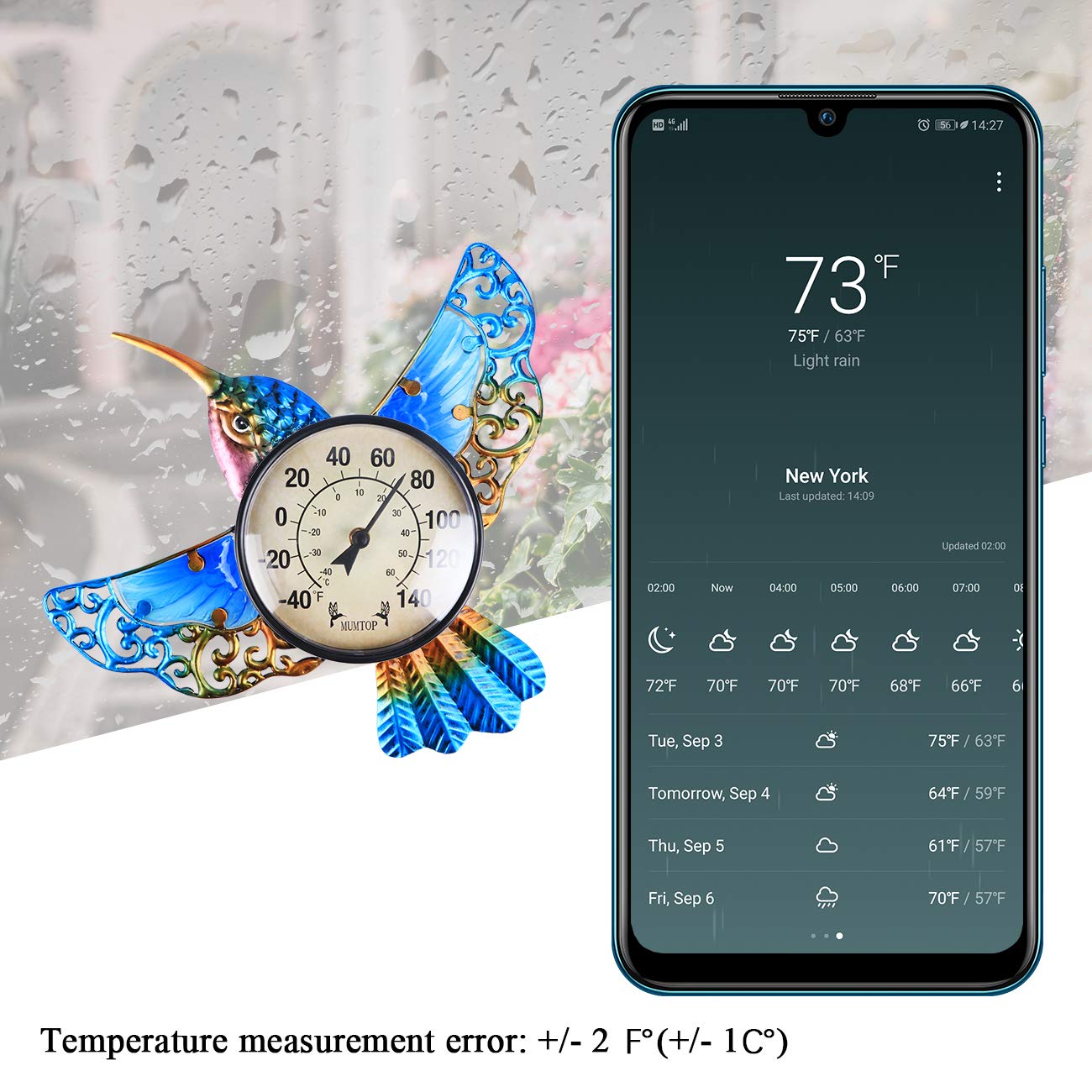 MUMTOP Indoor Outdoor Thermometer Hummingbird Waterproof Wall Mounted Thermometer for Patio, Yard, Garden