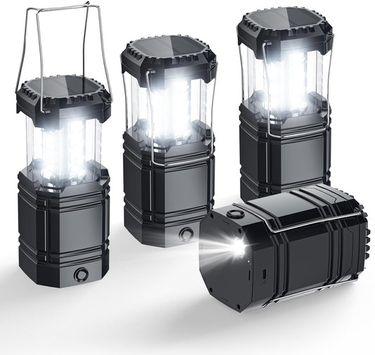 Solar Camping Lantern 4 Pack, Rechargeable LED Lantern with Flashlight, USB-C & Solar Powered, Collapsible Emergency Lights for Hurricane, Power Outages, Outdoor Use