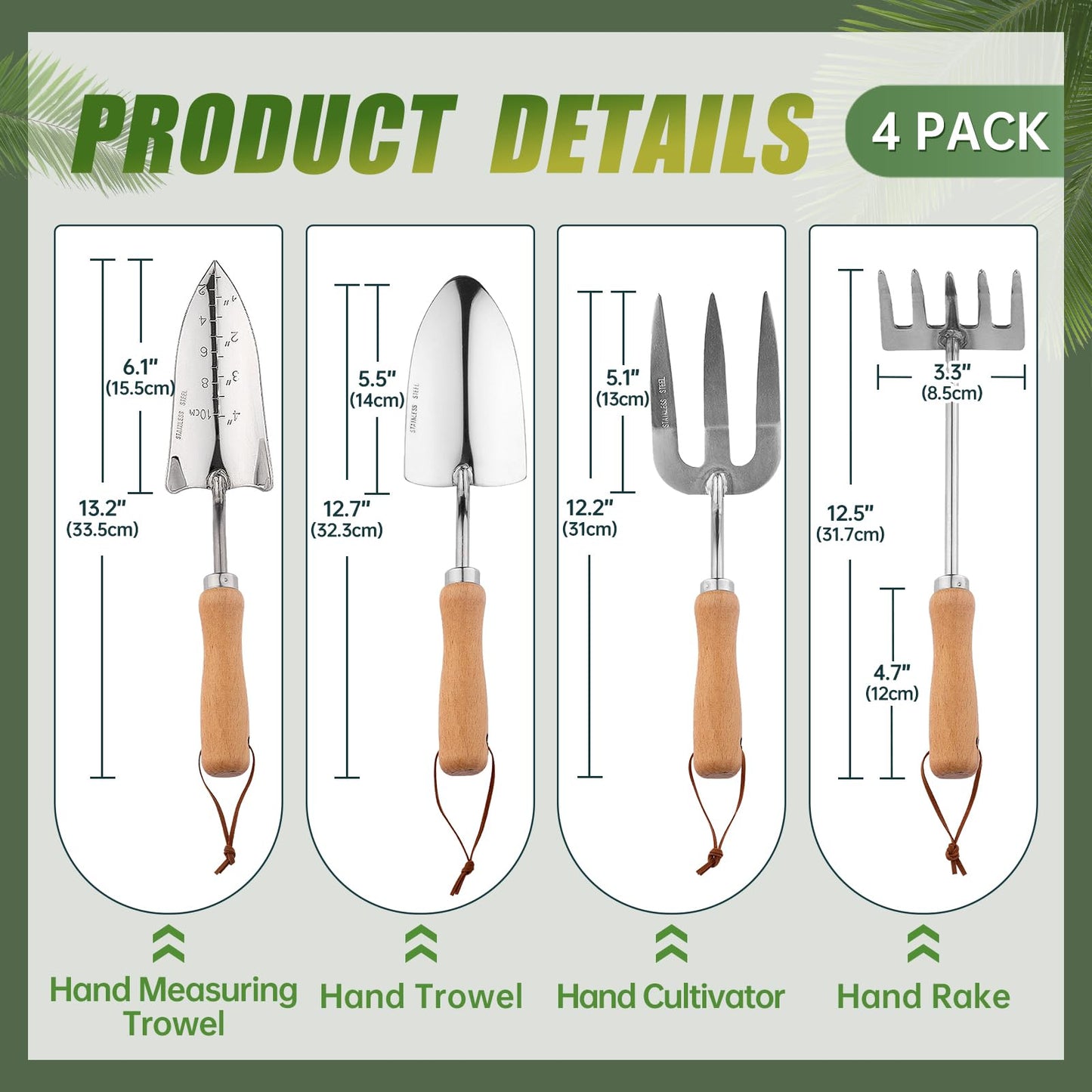 Heavy Duty Garden Tool Set, Stainless Steel Graduated Shovel, Hand Fork, Hand Rake, Transplant Shovel with Scale, 4Pcs Heavy Duty Hand Tools Set for Garden Planting (Garden Hand Tool Set)