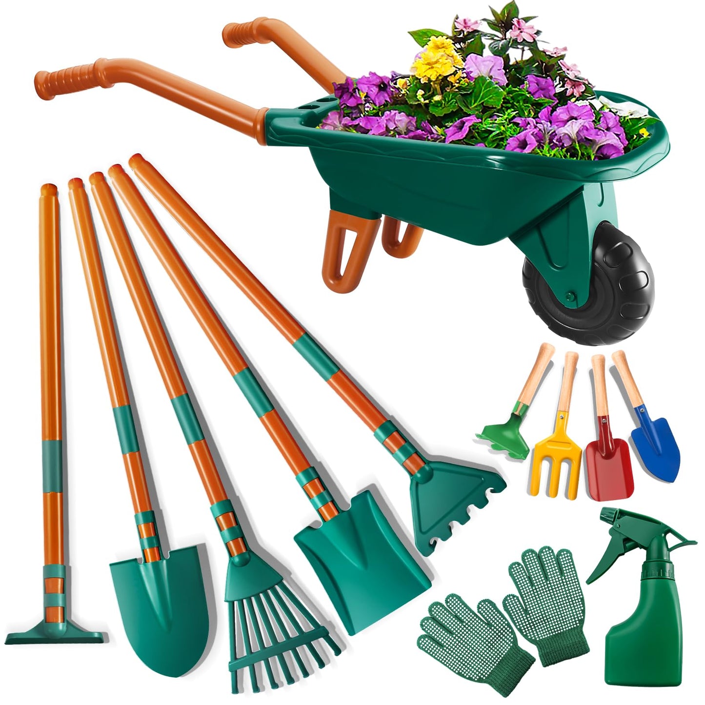 HOSPONY Kids Gardening Set-Kids Gardening Tools Wheelbarrow Set with Shovel, Leaf Rake, Gloves, Spray Bottle-Toddler Gardening Set Play Outdoor Educational STEM Learning for Boys Girls Age 3+