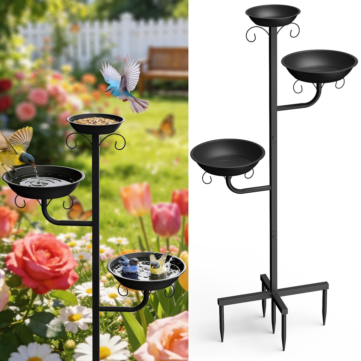 Pawaboo Bird Bath for Outside, 47in Metal Freestanding Birdbaths & Birdfeeder, Bird Feeder Bowl and 2 Birds Bath Bowls, 5-Pronged Base Birds Baths Feeder Stand for Outdoors Garden Yard Lawn Decor