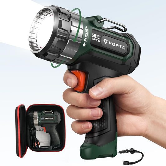 FORTO Compact Rechargeable Spotlight with Adjustable Focus, Handheld Spot Light with Stand, 823m Range, 3 Light Modes and LED Spot Lights Outdoor for Boating Hunting Camping Hiking