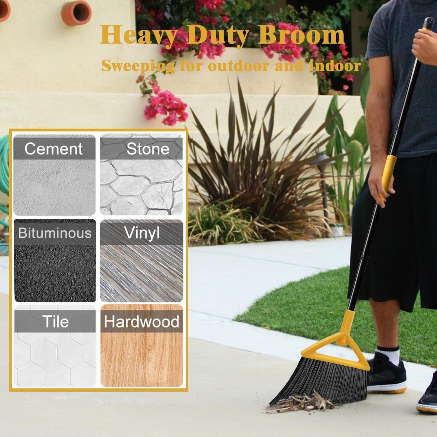PUTNATRUE Heavy Duty Broom Outdoor and Indoor, 4 Pack Upgraded Commercial Angle Brooms, Perfect Yellow Broom of House, Kitchen, Garage, Courtyard