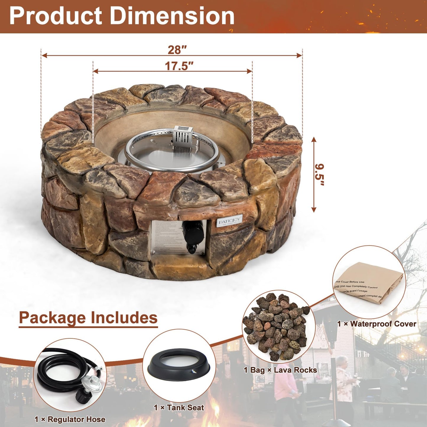 Tangkula 28 Inch Round Propane Gas Fire Pit, Patiojoy 40,000 BTU Stone Look Outdoor Propane Fire Pit with Lava Rocks & PVC Cover, Faux Stone Gas Fire Pit Table for Patio, Courtyard, Garden (Brown)