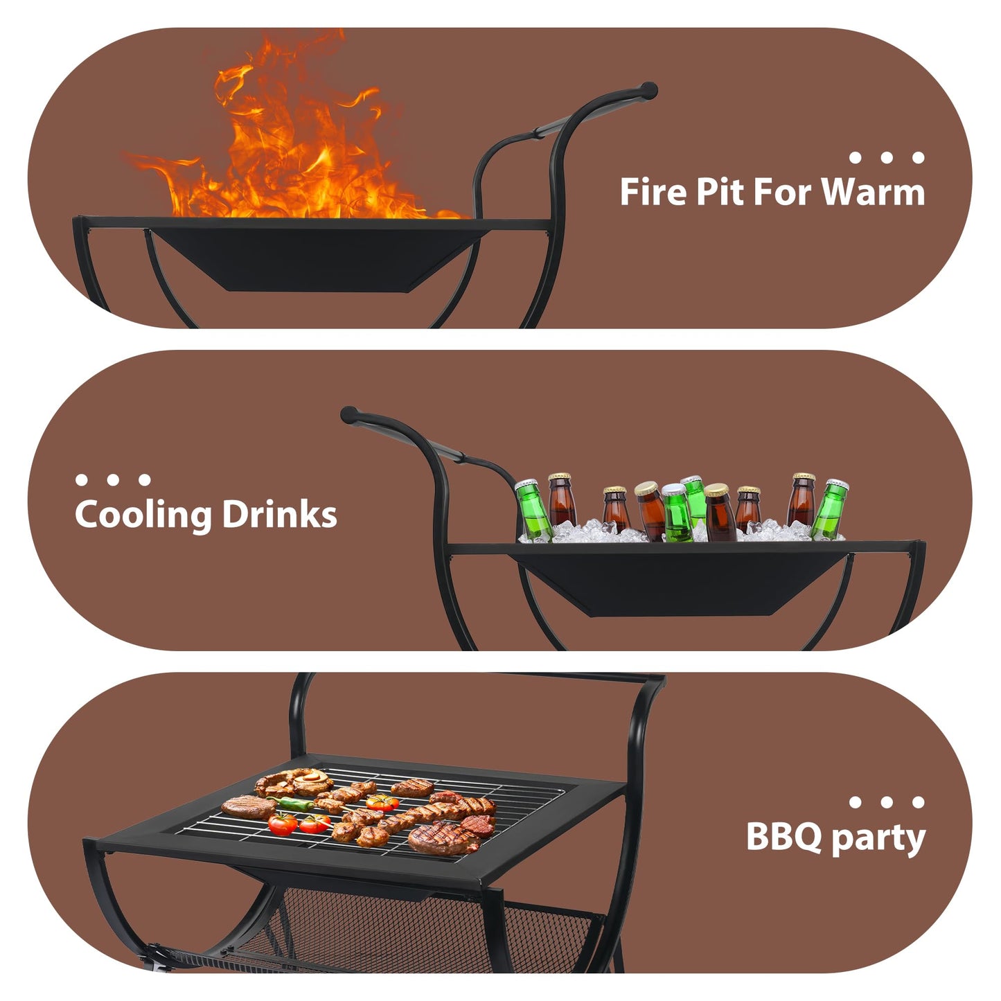 Outdoor Fire Pit with Wheels and Log Rack, Portable Fireplace Wood Burning for Garden, Patio, and Backyard - Includes Mesh Screen and Fire Poker, Fire Pits & Outdoor Fireplaces