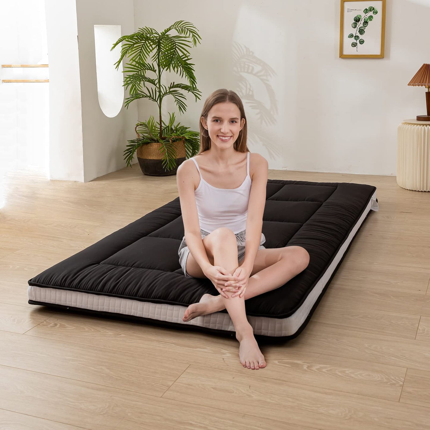 MAXYOYO Futon Mattress, Padded Japanese Floor Mattress Quilted Mattress Topper, Extra Thick Folding Sleeping Pad Breathable Floor Lounger Guest Couch for Camping, Black, Twin