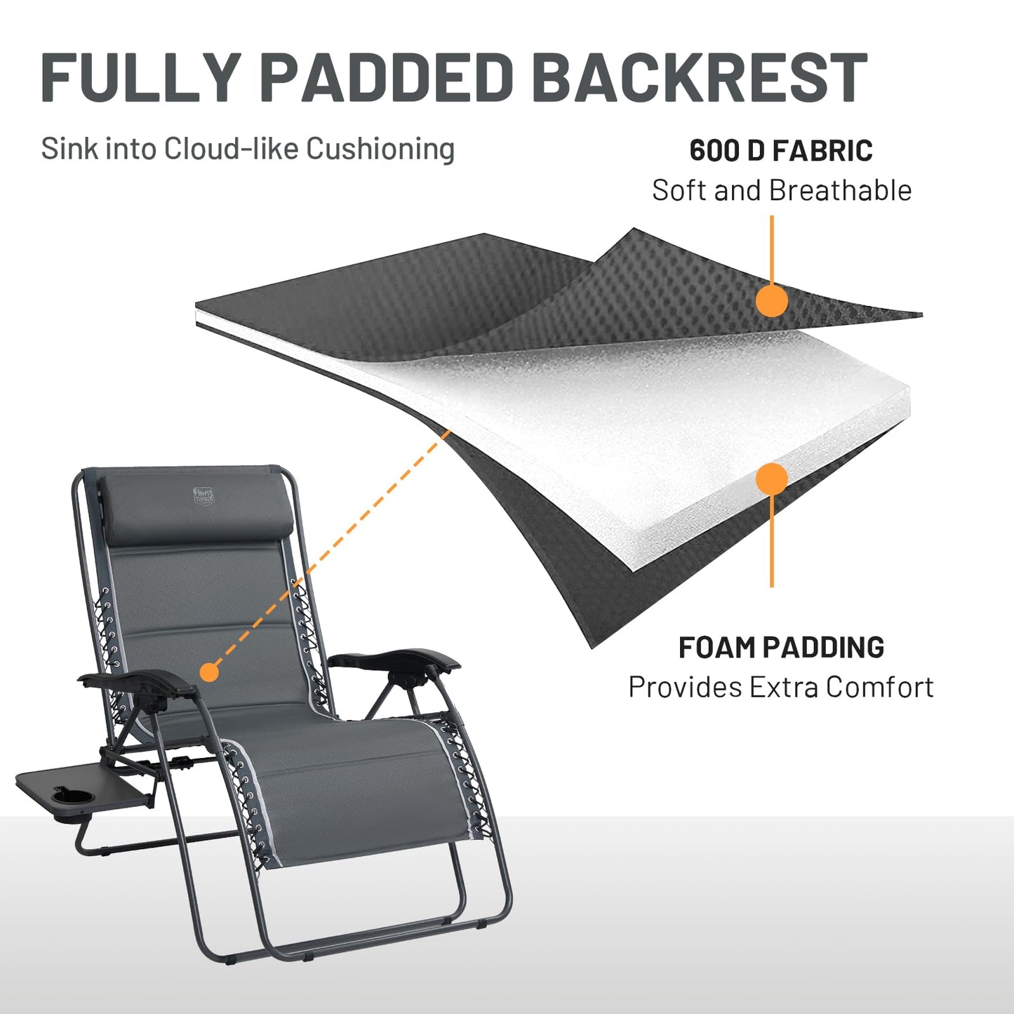 Timber Ridge Oversized Zero Gravity Chair, 33In Wide XXL Zero Gravity Reclining Chair with Side Table, Full Padded Lounge Chair for Outdoor Camping Patio Lawn, Heavy Duty Supports 500lbs, Grey-1 Pack