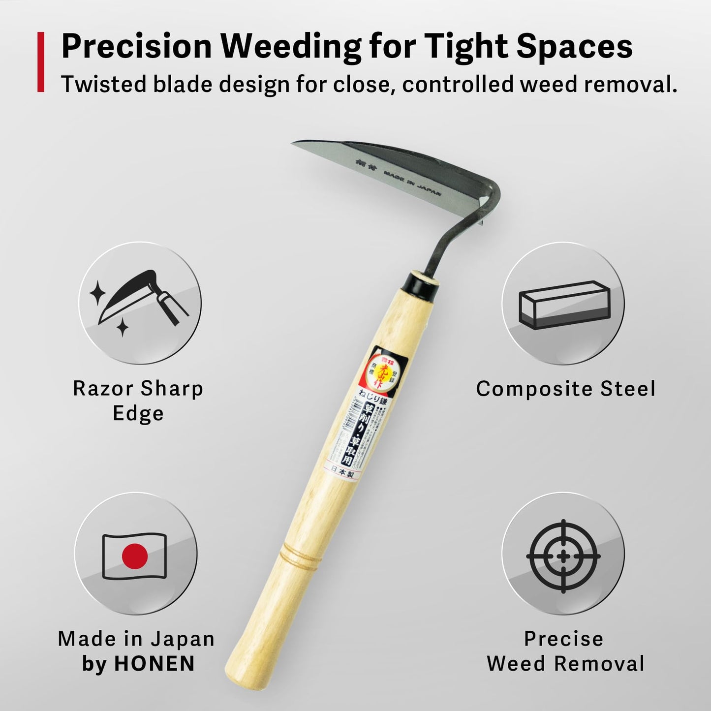 Japanese Weeding Sickle, Hand Weeder Tool for Surface Weed Removal, Tight Spaces and Light Grass Cutting, Made in Japan by HONEN