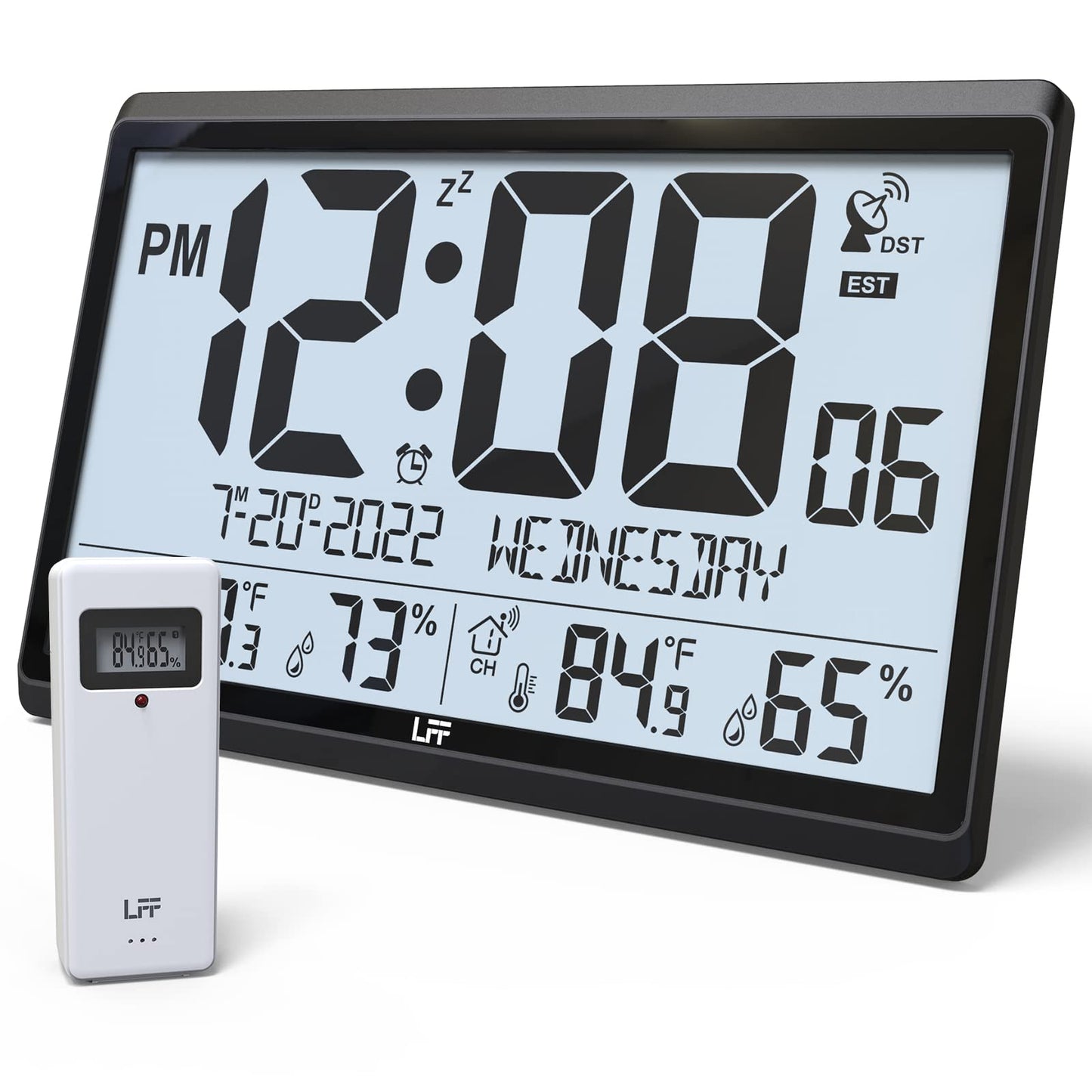LFF Atomic Clock/Never Needs Setting, Battery Operated, Atomic Wall Clock with Indoor/Outdoor Temperature & Humidity, Wireless Outdoor Sensor, 15" Digital Wall Clock with 4.5" Numbers Easy-to-Read