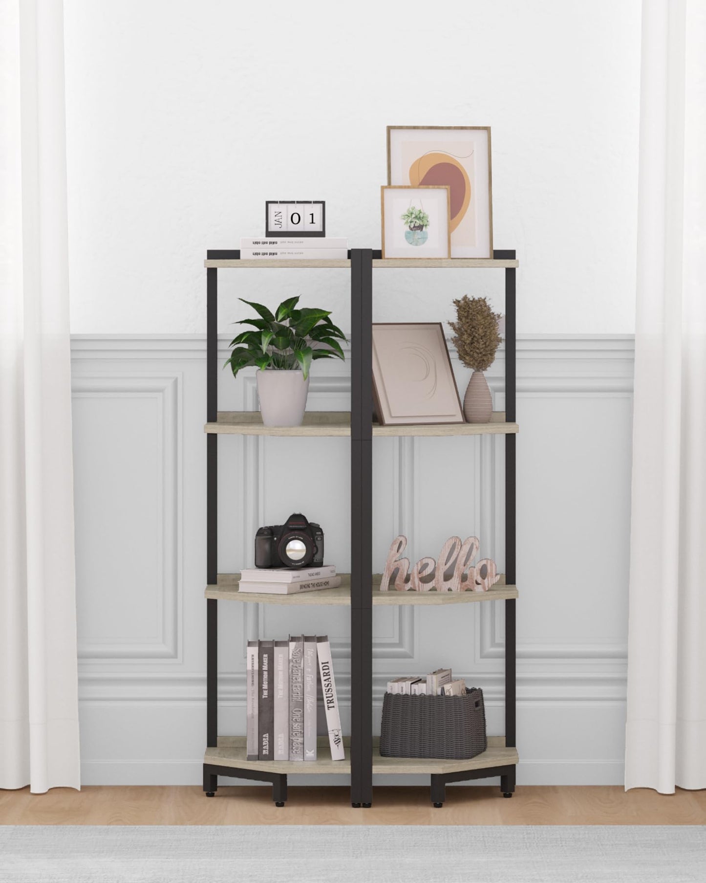 Hzuaneri Corner Shelf Stand, Corner Bookshelf, Storage Standing Shelf Unit with Metal Frame, Plant Stand, Bookcase for Living Room, Home Office, Bedroom, 4-Tier Greige CS05805B