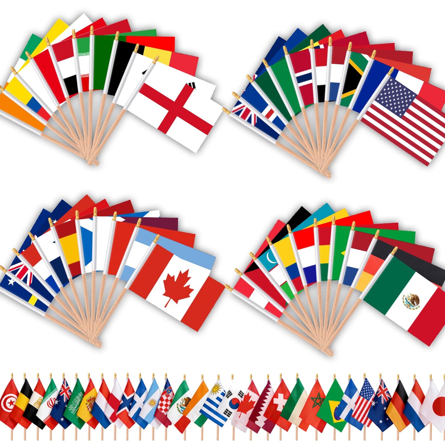 AhfuLife 48 Countries Wooden Handheld Flags on Stick for World Cup Decorations, 48PCS Double Sides Fabric Handheld Small Flags Banner with 11.8in Pole for Soccer Olympic Party 2026 Garden Street Decorations