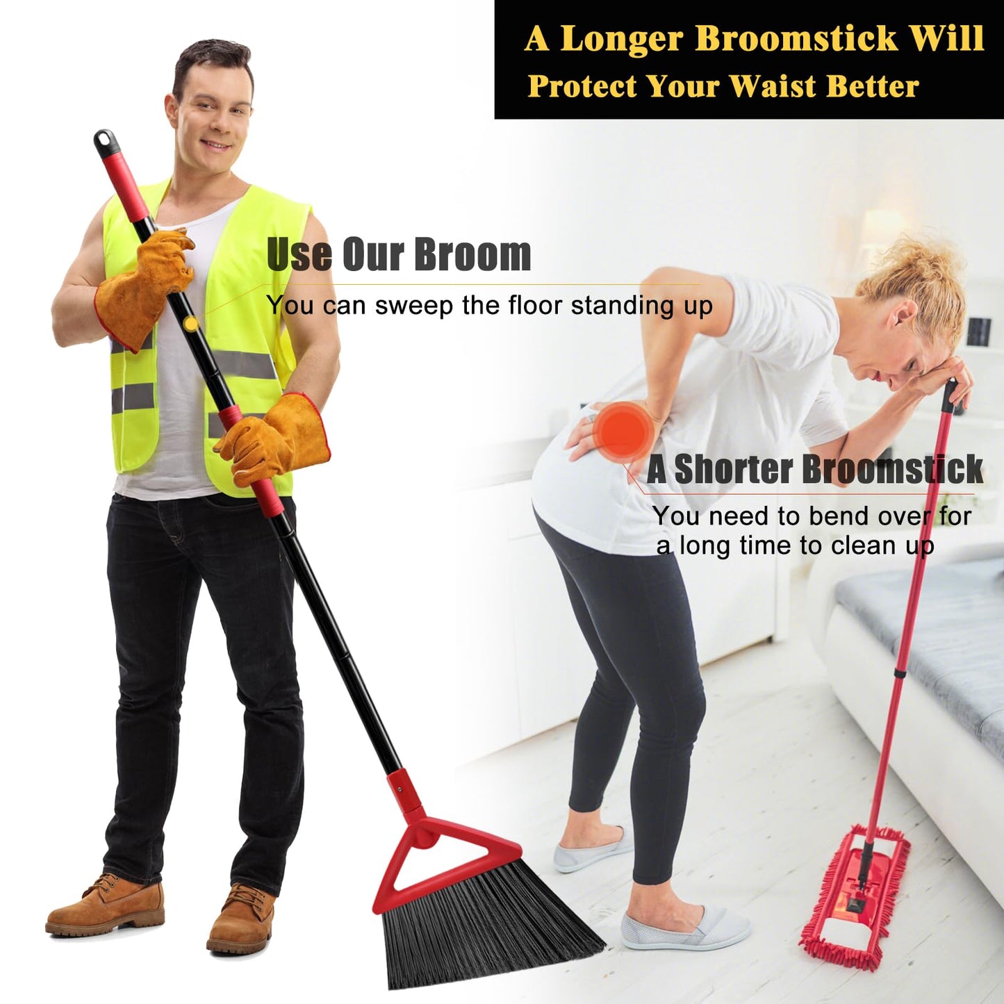 PUTNATRUE Heavy Duty Angle Broom, 3 Pack Longer Commercial Brooms, Swipe Brooms for Sweeping Indoor Outdoor, Perfect Red Broom of Kitchen, Garage, House, Restaurant