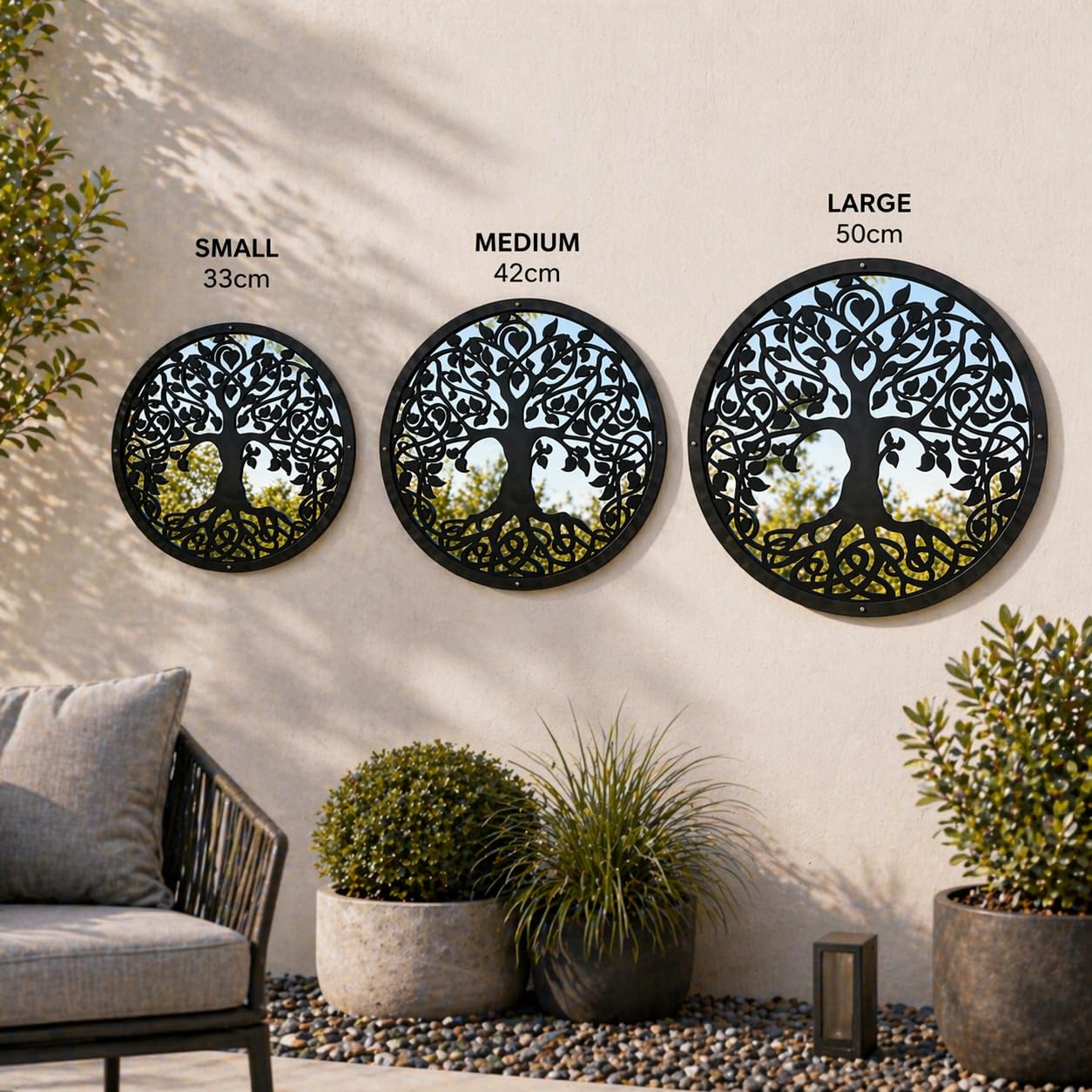 Sun Catcher Garden Decor Tree of Life Garden Mirror Range of Sizes Round Framed Mirror Outside Rust Resistant Acrylic Fixings Included Gift (42cm / 16.5 inch)