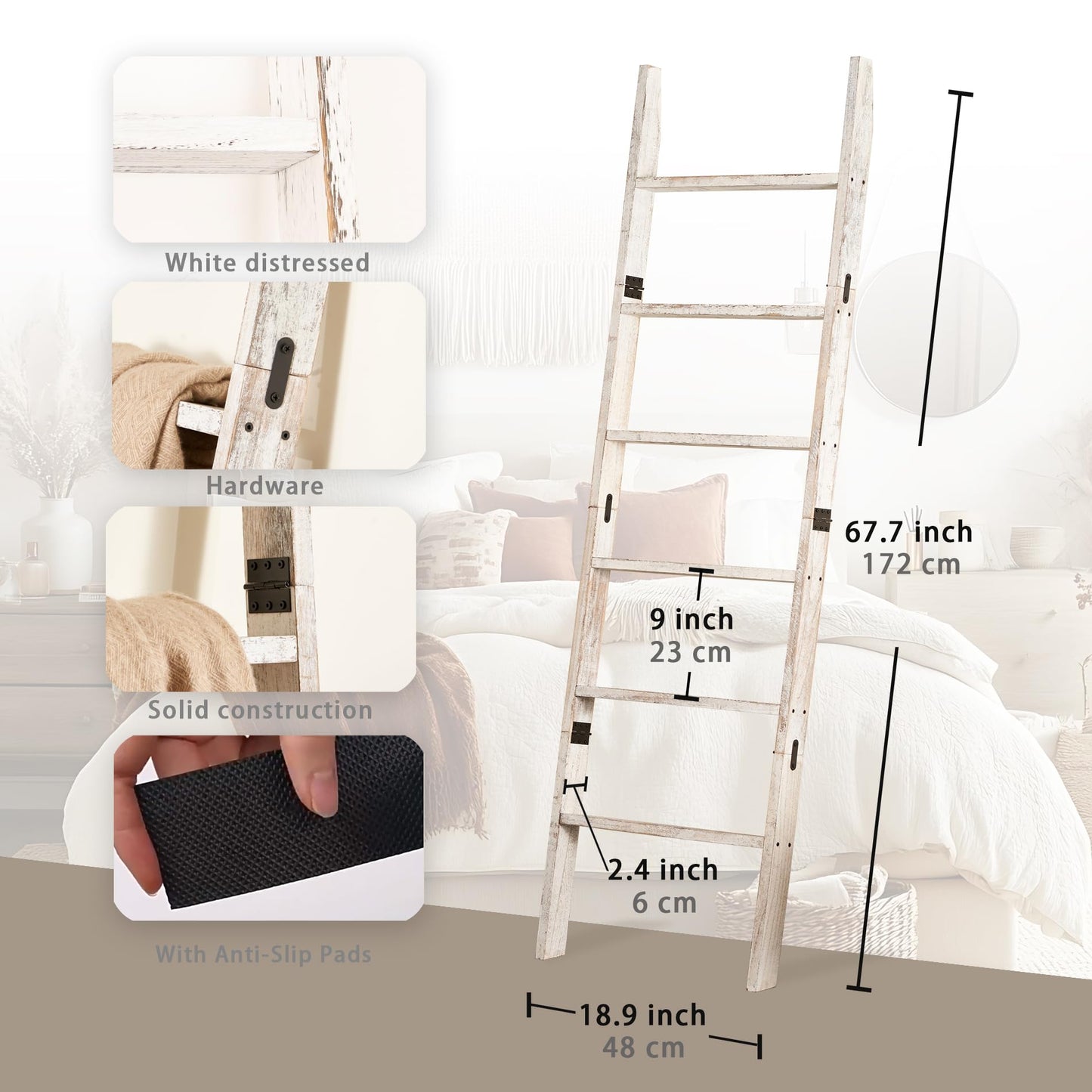 Blanket Ladder for The Living Room 6-Tier, Wooden Decorative Quilt Holder for Bed Room, Wall-Leaning Towel Rack for Bathroom，Rustic Farmhouse Ladders for Display. (White Wash)