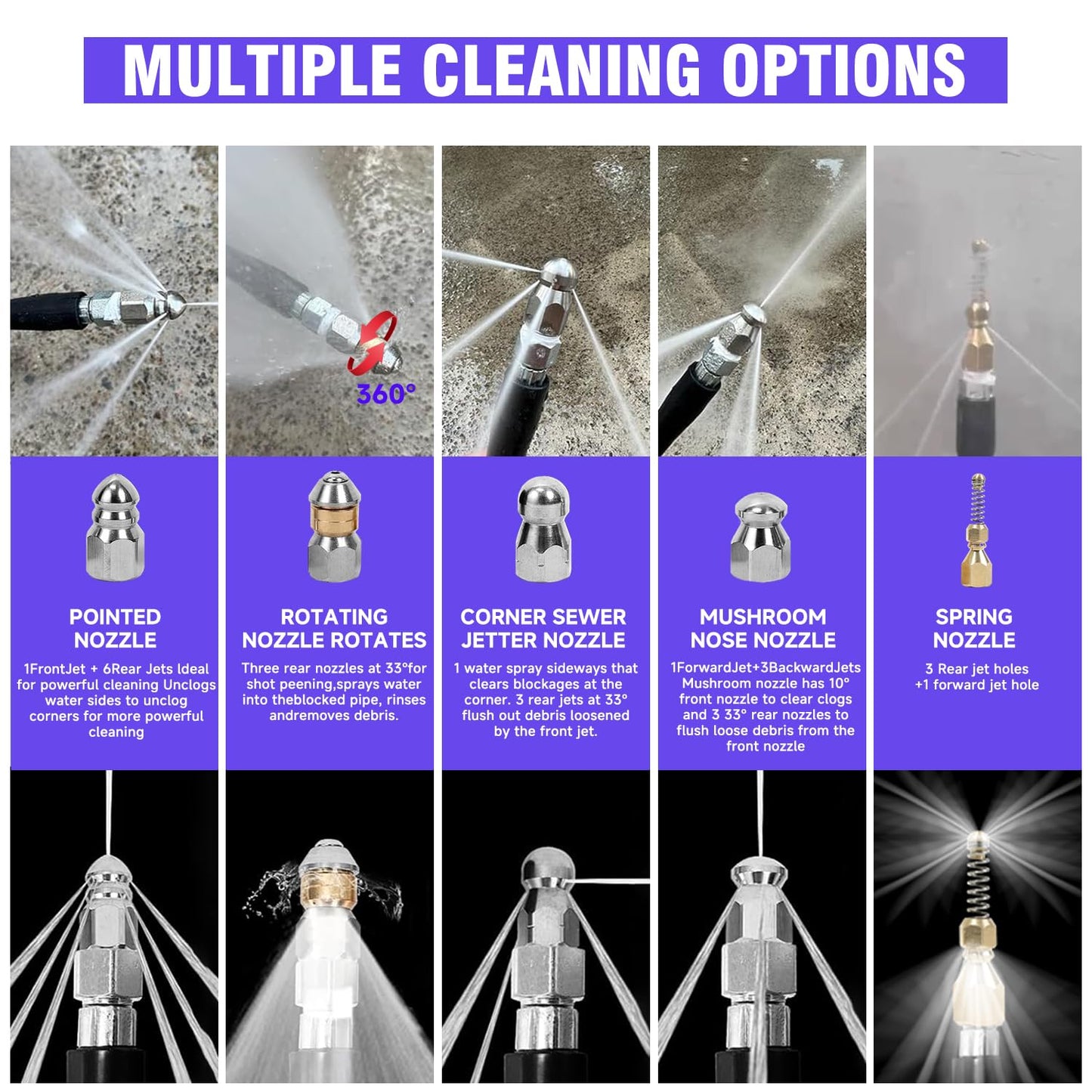 NIFUAL 100FT Sewer Jetter Kit for Pressure Washer, 5800PSI Drain Cleaner Hose 1/4 Inch NPT Corner, Rotating and Button Hose Sewer Jetting Nozzle Waterproof Tape Pearl Corsage Pin Spanner Glove