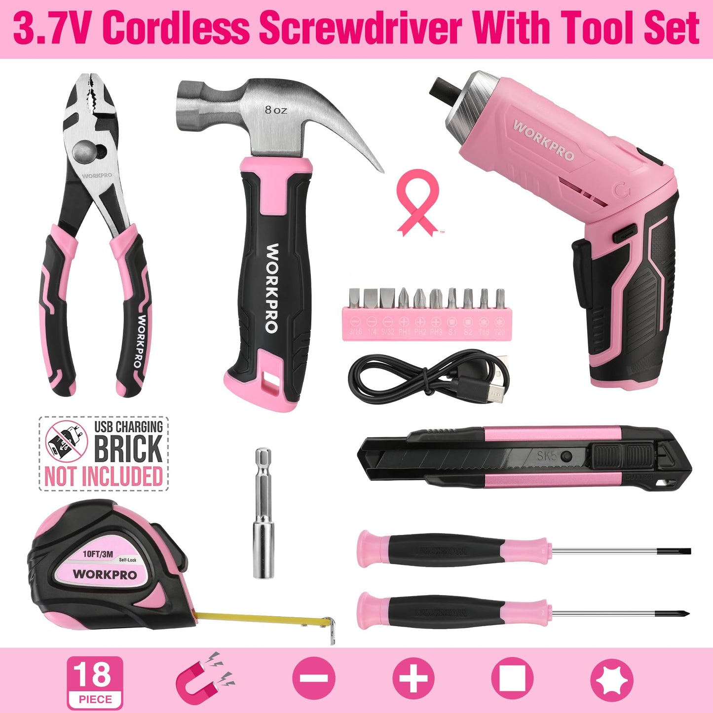 WORKPRO Pink Tool Set with 3.7V Rotatable Electric Screwdriver, 18PCS Portable Ladies Home Tool Kit with Toolbox, Cordless Electric Screwdriver Kit, Household tool kit for Dorm, Apartment -Pink Ribbon