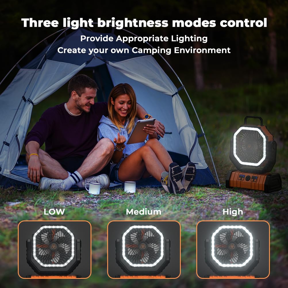 VOSFEEL Camping Fan - 20000mAh Battery Powered Fan Rechargeable with LED Lantern - Portable Outdoor Tent Fans with Hanging Hook 4 Speeds Wind Remote Control, Black and Orange