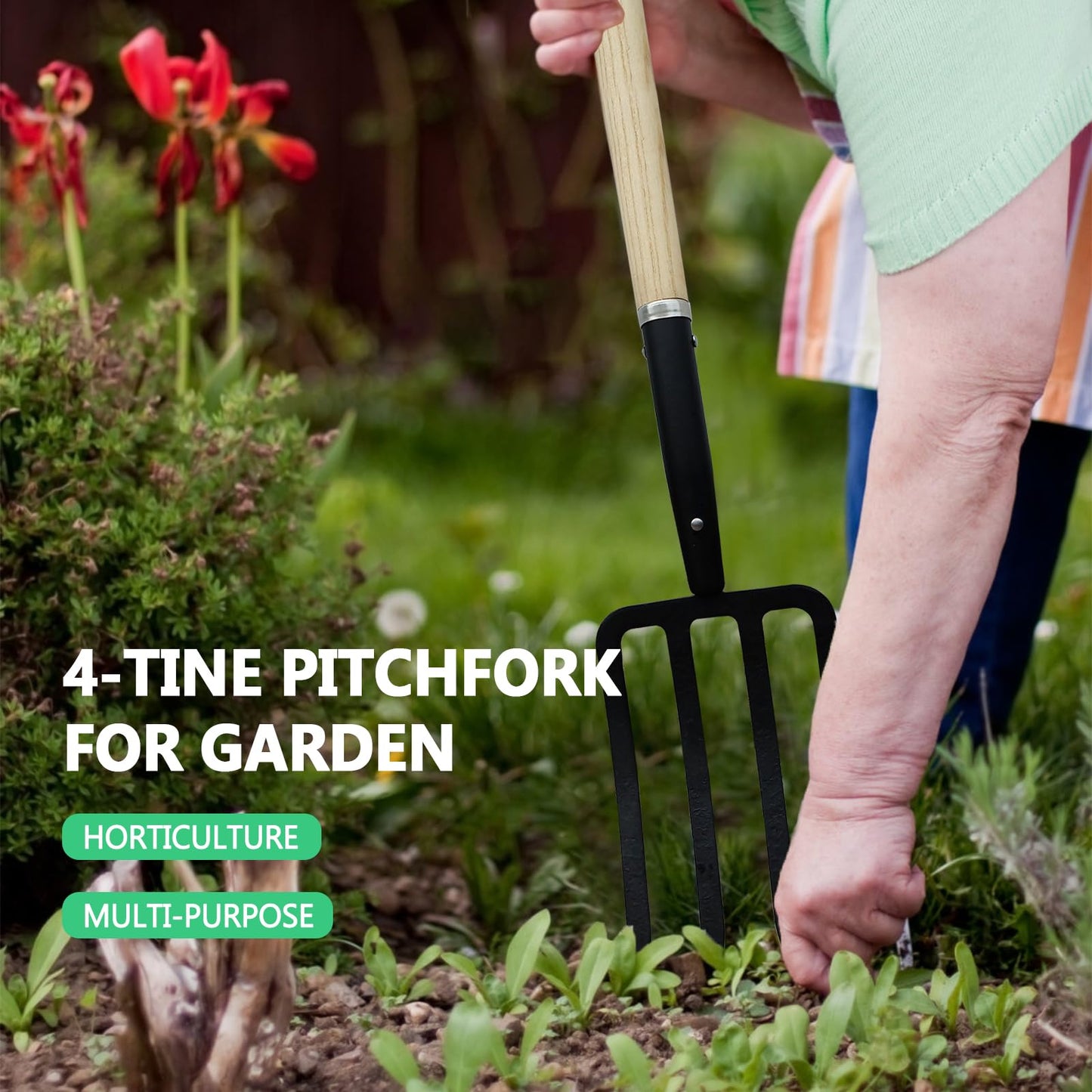 HORIJUNKE Garden Fork,4-Tine Pitchfork,Spading Digging Fork,Forged Steel Y-Grip, Wood Handle,45Inch