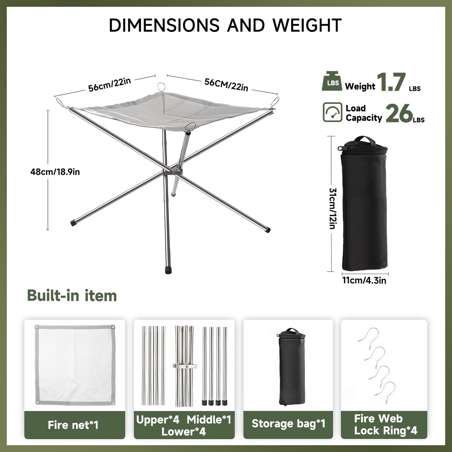 Upgraded 22 Inch Portable Fire Pit for Camping, Collapsible Fire Pits for Outside Wood Burning, Smokeless Firepit, Lightweight Stainless Steel Firepit for Campfire, Camping, Barbecue, Patio- 1.76 lbs