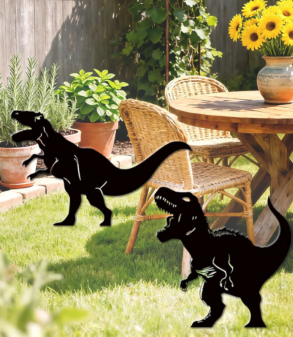 Large 14.56" Metal Garden Decor, 2 Pack Weather-Proof Dinosaur Statue, Dino Silhouette Garden Sculptures & Statues Stakes for Outdoor Lawn, Patio, Flower Beds, Ideal Gardening & Country Gifts