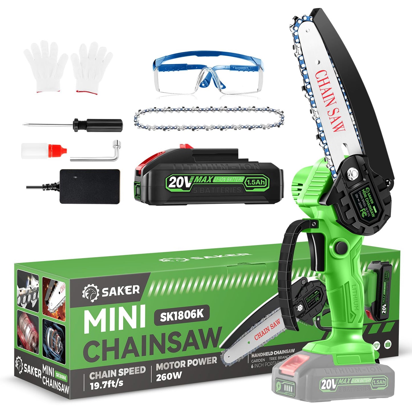 Saker Mini Chainsaw Cordless,6 Inch Chainsaw, Mini Electric Chainsaw Cordless Battery Powered,One-Hand Portable Chain Saw for Tree Trimming, Pruning&Wood Cutting,Gifts for Men Husband