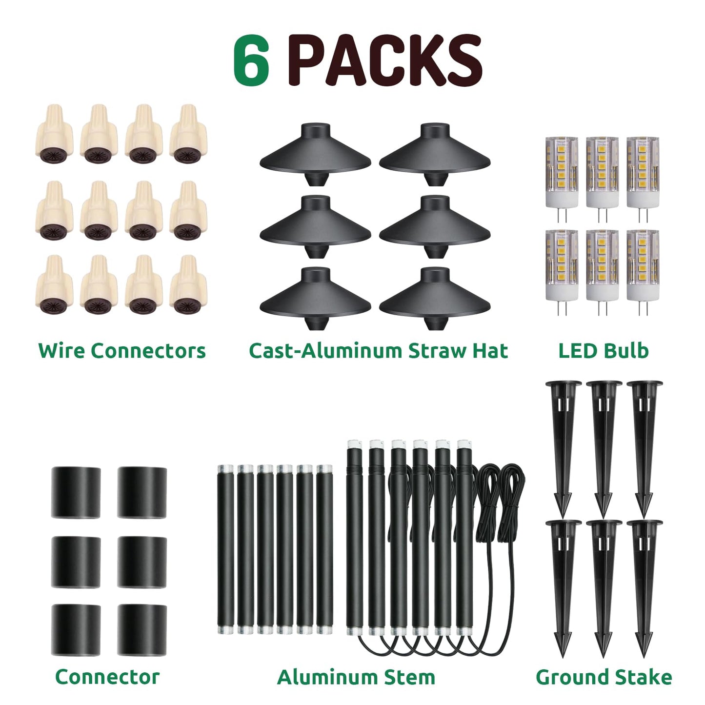Lumina Lighting® Low Voltage Landscape Lighting Cast-Aluminum Path and Area Light Warm White 3W G4 LED Bulb and ABS Ground Stake Included for Yard Walkway Lawn PAL0106-BkLED6 (Black,6-Pack)