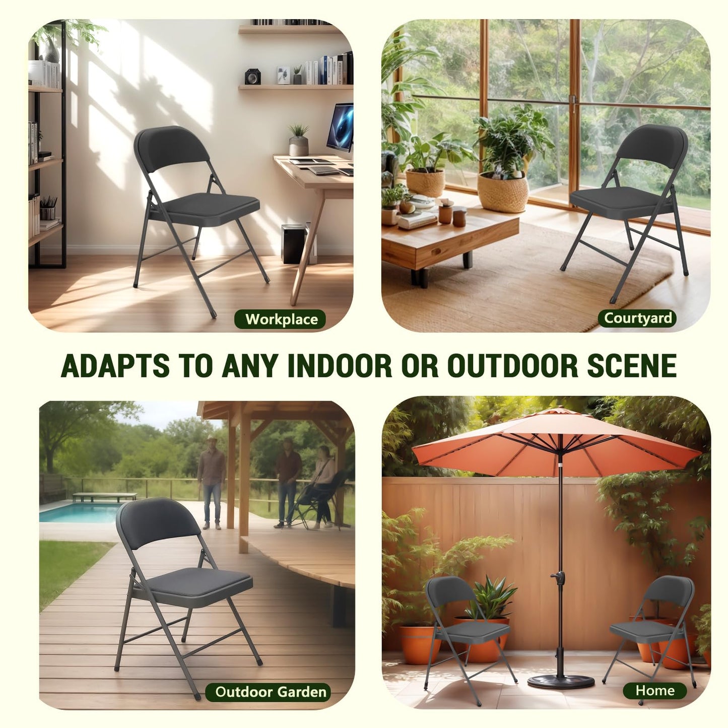 FurniEdge Padded Folding Chairs 4 Pack, PU Leather Folding Chairs for Outside and Indoor, Heavy Duty Portable Foldable Metal Chairs for Home Office, Dorm, Party, Backyard, Patio, Black