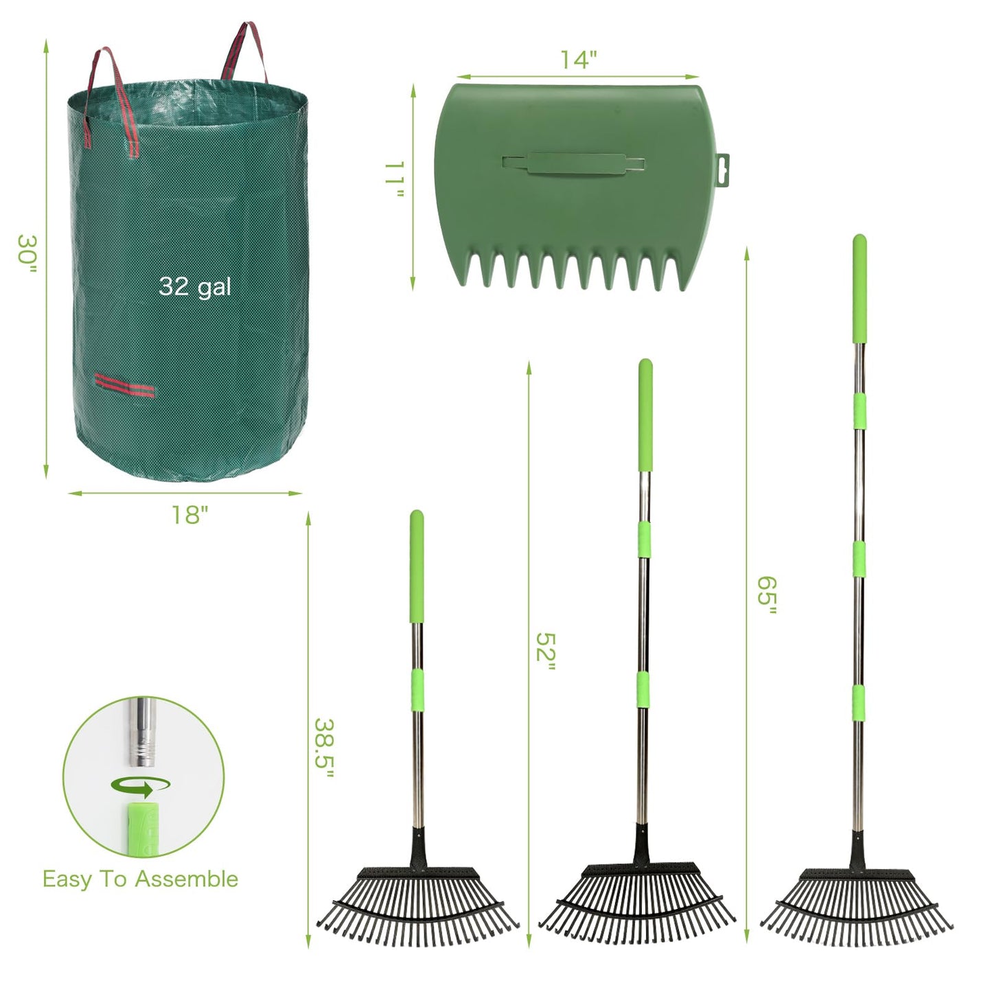 JOYHALO 65 Inch Rake for Leaves, 25 Tines Metal Leaf Rake Set with 32 Gallon Leaf Bags Scoops, Garden Rakes 18in Wide, Rakes for Gardening Lawns Yard Outdoor Camping Shrub Grass Bush