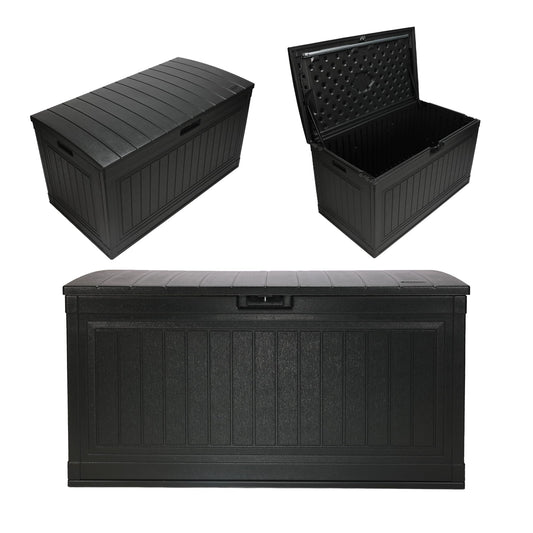 Suncast 80-Gal. Resin Large Outdoor Patio Deck Box with Pad-Lockable Lid, Modern Outdoor Patio Bench/Storage Box for Cushions, Garden Tools, and More, Iron Ore