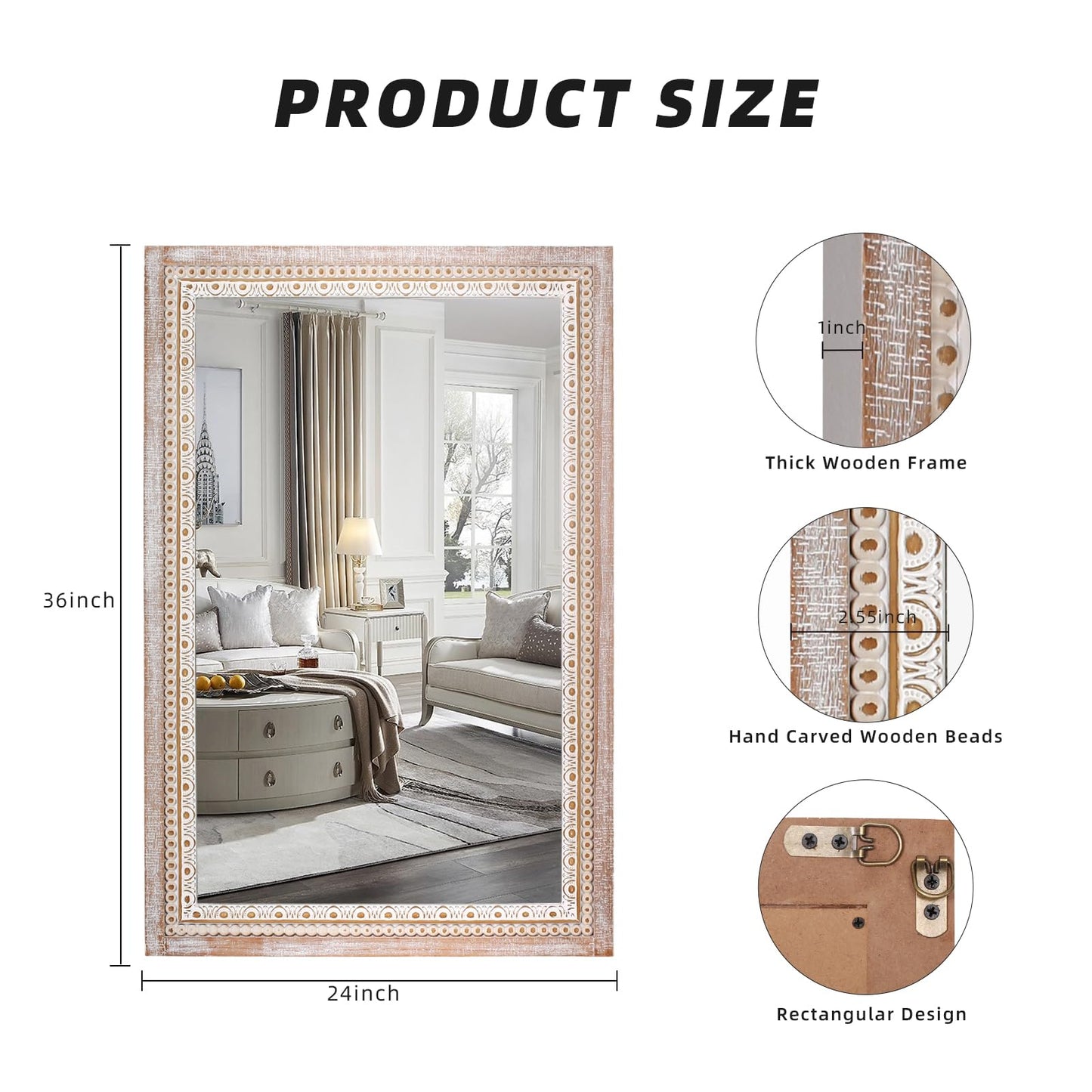 36x24 Inch Rustic Farmhouse Rectangle Bathroom Mirror Decorative, Boho Wooden Rectangular Mirrors for Wall Decor, Over Sink, Living Room, Entryway - Horizontal/Vertical Mounting