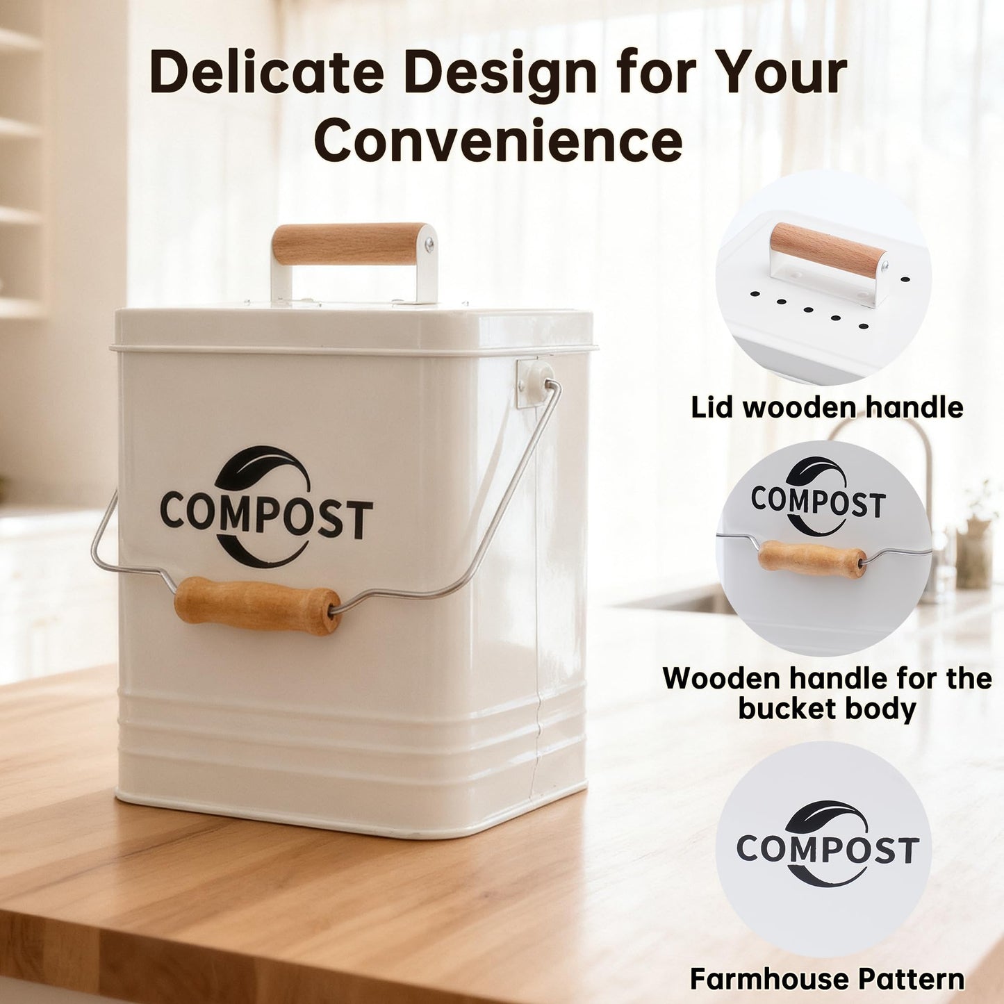 Candco Kitchen Compost Bin, 1.7 Gallon Countertop Compost Bin with Lid and Charcoal Filter, Kitchen Composter for Food Waste, Rust Proof Indoor Bucket, White