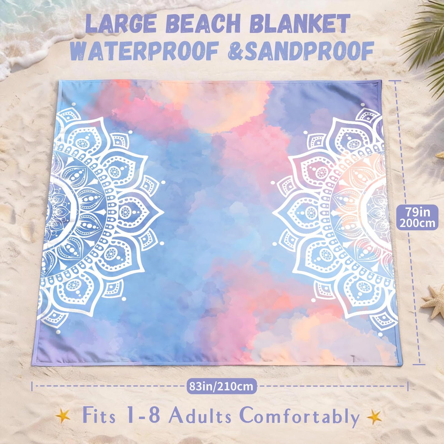 AlphaBeing Beach Blanket Waterproof Sandproof, Extra Large Beach Mat for 1–8 Adults, Oversized Picnic Blanket with 4 Stakes & Storage Bag, Essential Beach Gear for Travel (Mandala, 79“×83”)