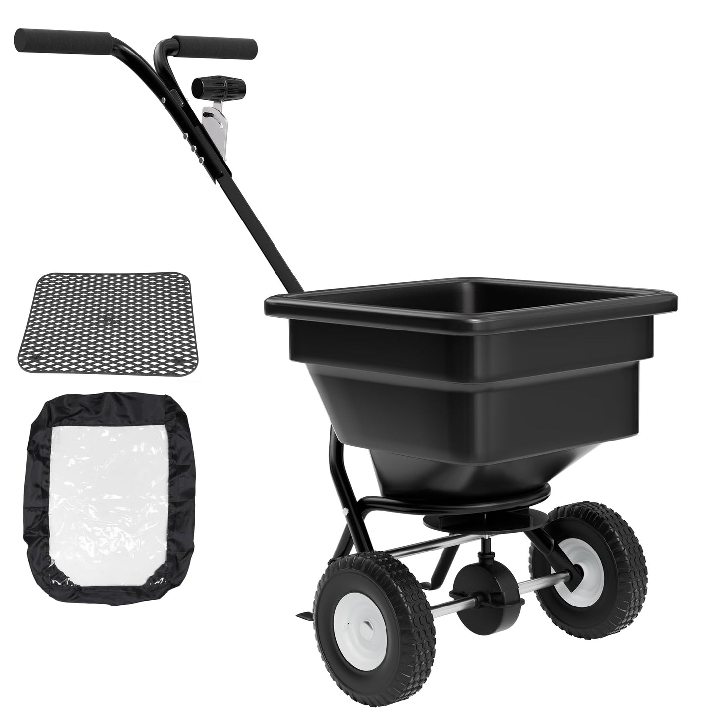 PPOLB Fertilizer Spreader 100LB Capacity, Walk-Behind Push Broadcast Spreader with Hopper Screen & Rain Cover, 0–10FT Spreading Width, Seed & Salt Spreader, 12" Pneumatic Wheels, 30-Level Flow Control