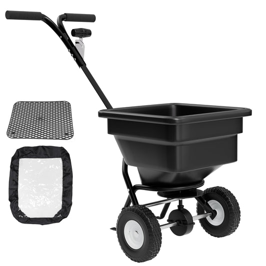PPOLB Fertilizer Spreader 100LB Capacity, Walk-Behind Push Broadcast Spreader with Hopper Screen & Rain Cover, 0–10FT Spreading Width, Seed & Salt Spreader, 12" Pneumatic Wheels, 30-Level Flow Control