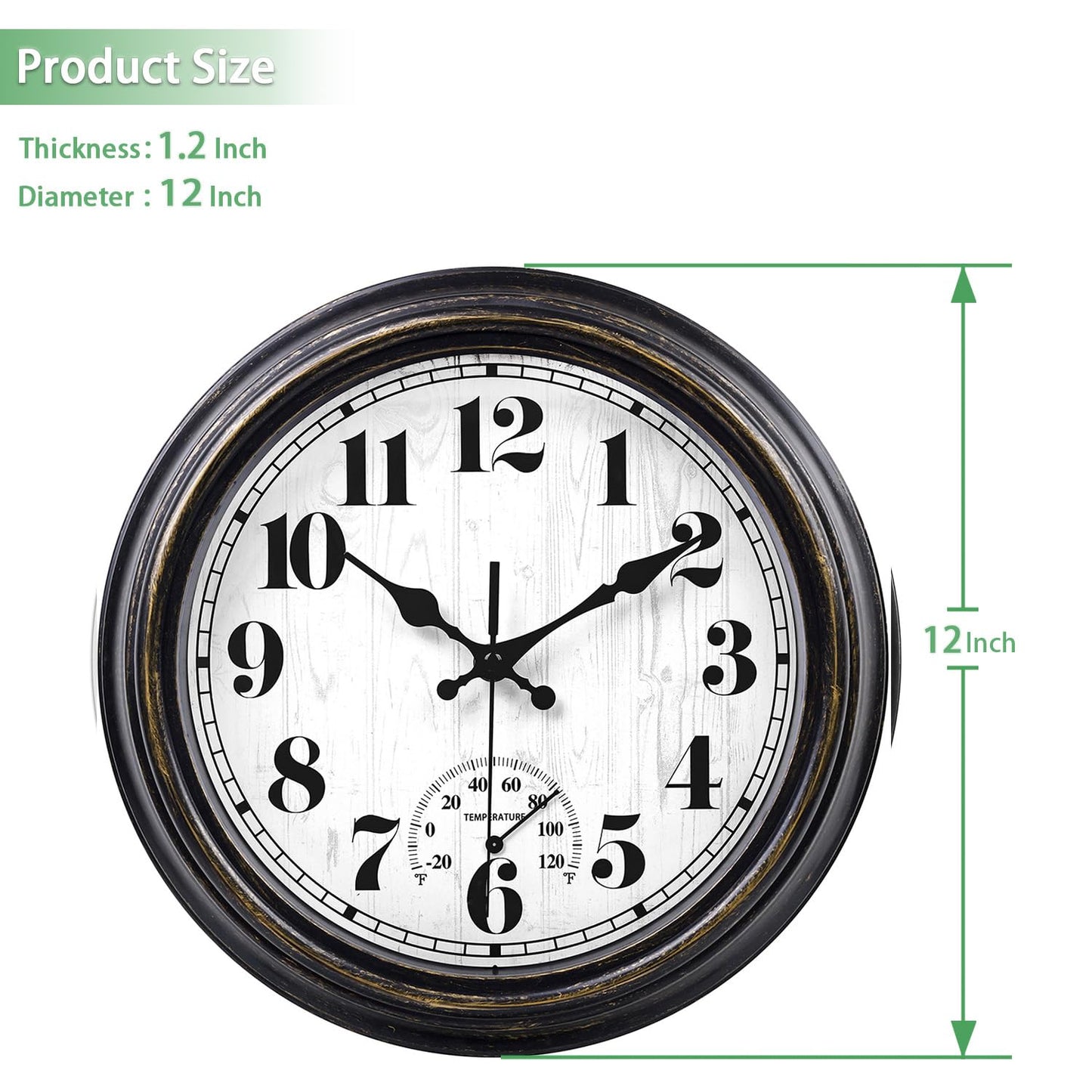 45MinST 12 Inch Indoor/Outdoor Retro Round Waterproof Wall Clock with Thermometer, Silent Non Ticking Battery Operated Quality Quartz Wall Clock Home/Patio Decor(Black Gold)