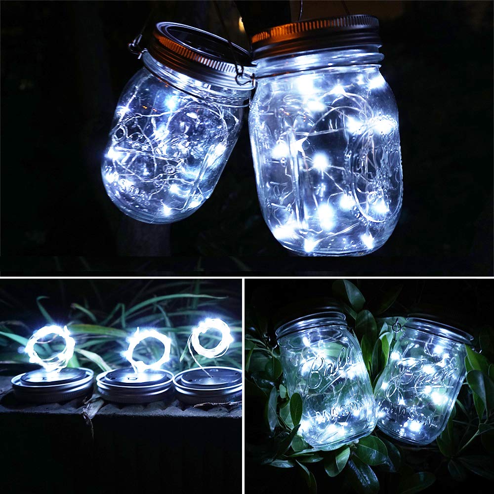 SunKite Solar Mason Jar Lid String Lights, 6 Pack 15 Led String Fairy Star Firefly Jar Lids Lights (Jars Not Included), for Mason Jar Patio Garden Wedding Lantern Table Decoration (Cool White)