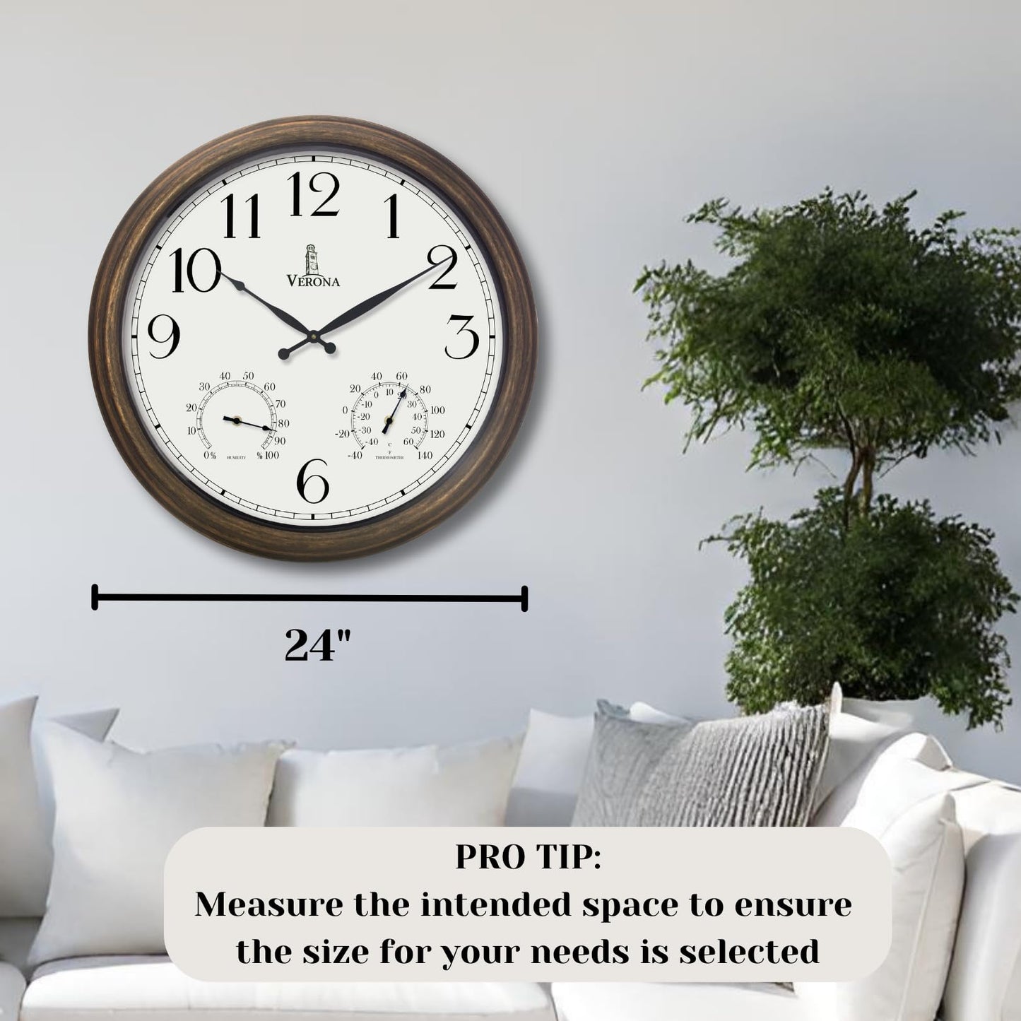 Outdoor Clocks for Patio Large Waterproof with Thermometer - 24 inch Indoor Outdoor Wall Clock with Temperature and Humidity Combo - Weatherproof, Accurate & Easy to Read for Pool, Garden & Home Decor