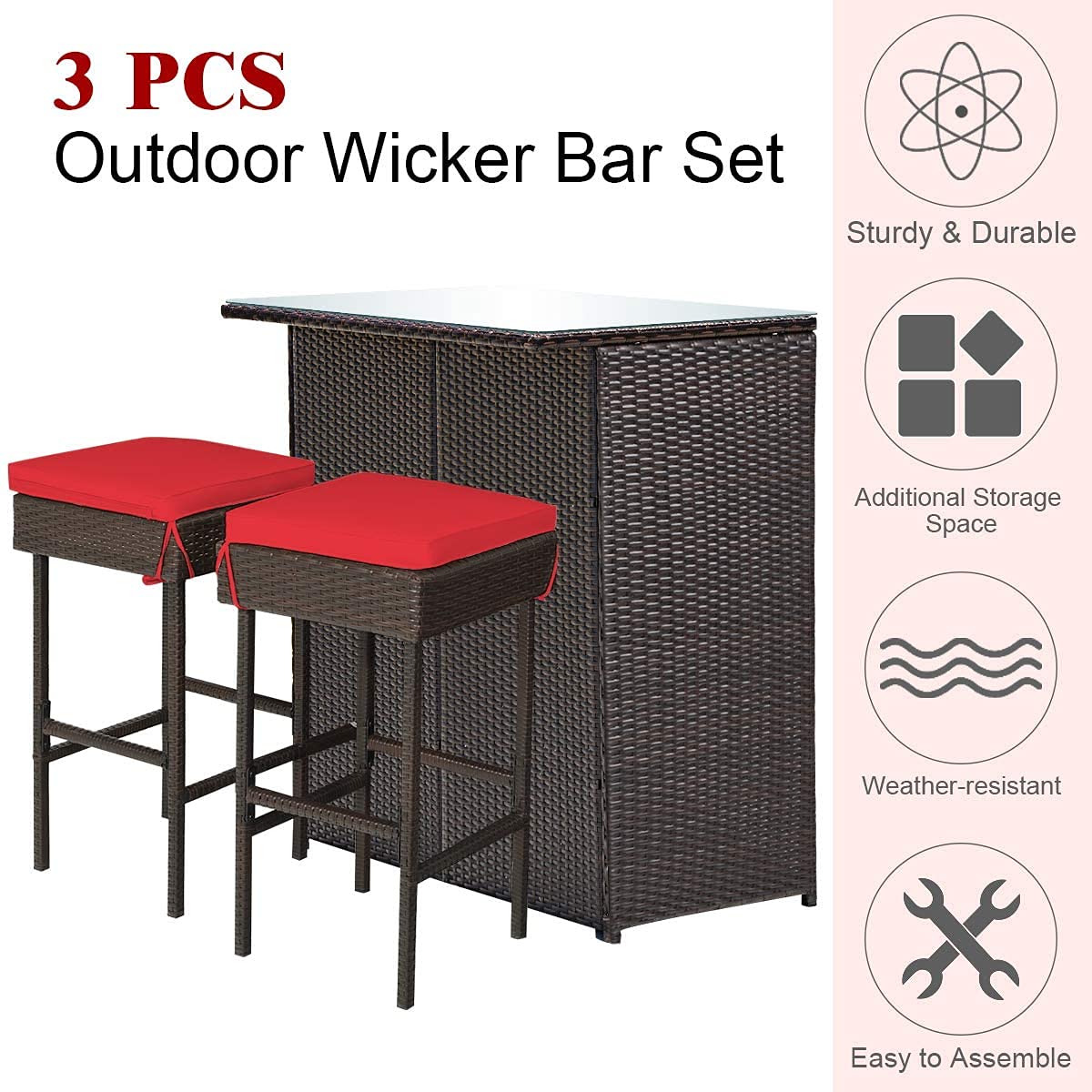 Giantex ReunionG Outdoor Patio Bar Set, 2 Cushions Stools & Glass Top Table, Bar Rattan Set 3-Piece Wicker Bar Stools & Table with 2 Storage Shelves for Lawn Pool Backyard Garden Porches (Red)