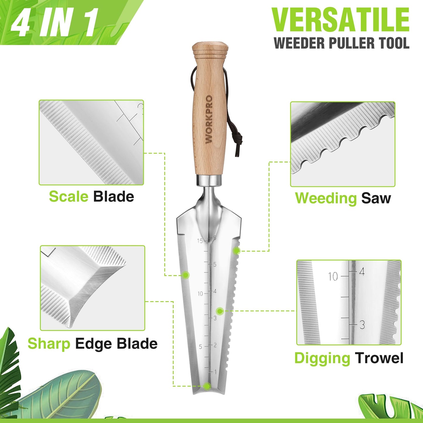 WORKPRO Garden Trowel with Wood Handle, Stainless Steel Narrow Hand Shovel, Multi- Use Flat Garden Trowel for Planting, Weeding, Transplanting, Digging, Small Weeding knife for Gardening